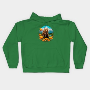 Bear In Mountain Landscape Surrounded By Orange California Poppies Kids Hoodie